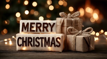 Beautifully wrapped Christmas gifts with festive decorations and warm lights in a cozy setting