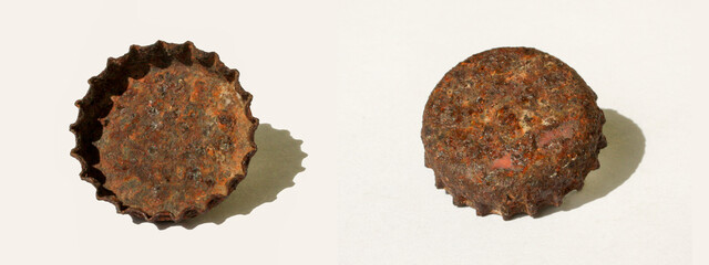 Rusty Bottle Caps On Clean White Background, Textured Metal Art, Old Rustic Industrial Look, Weathered Closeup