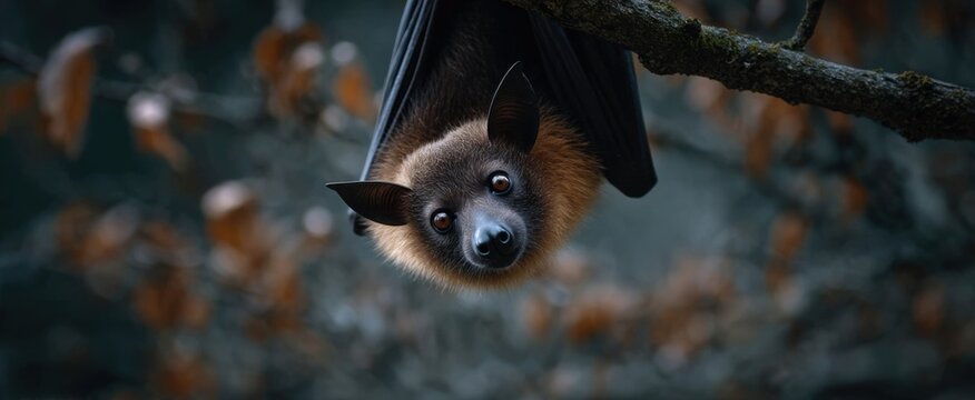 A bat chilling upside-down on a tree limb in a natural habitat.