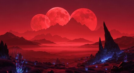 Surreal Red Planet Landscape with Three Moons and Luminous Alien Flora