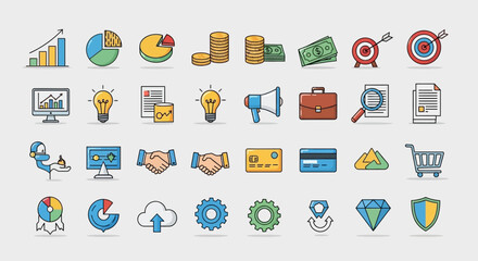 Business and finance icon set collection, representing company growth and achievements