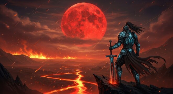 Knight stands before a blood moon apocalypse - Powered by Adobe