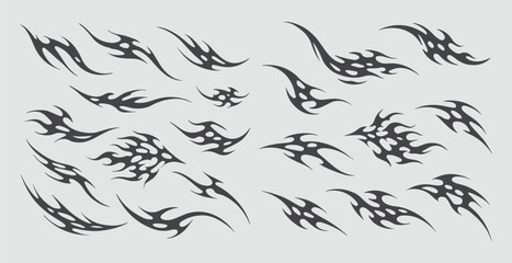 Set y2k neo tribal gothic sigilism tatto pack. Flame shapes . abstract neo tribal cyber sigil gothic melted modern burn form, design element. 2d vector illustration