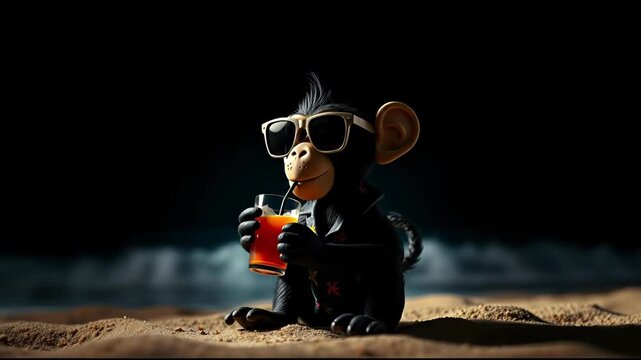 Cool Monkey Sipping Tropical Drink on Beach Vacation