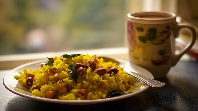 Golden Delight: An inviting plate of traditional Indian poha with peanuts alongside a comforting cup of tea, bathed in natural light by a sunlit window.