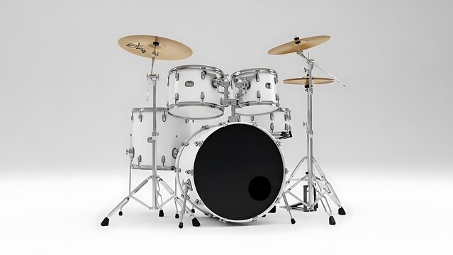 White drum kit with black bass drum and gold cymbals image