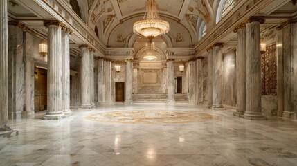 Elegant marble hall with grand chandelier, ornate architecture and majestic columns creating a luxurious atmosphere for events or gatherings