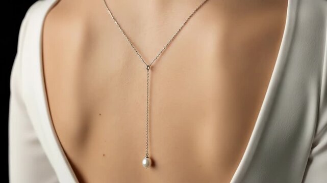 Elegant necklace enhances backless dress fashion in dynamic movement