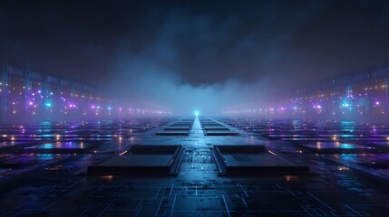 Abstract futuristic landscape with glowing lights and fog in a dark environment.
