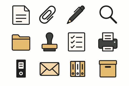 Printer icons box checklist minimal paper magnifying sheet stamp office vector envelope