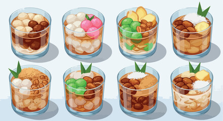 Assorted traditional desserts in glass cups