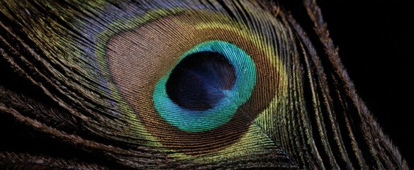 Fototapeta premium The detailed eye pattern on a peacock feather shown up close and vivid