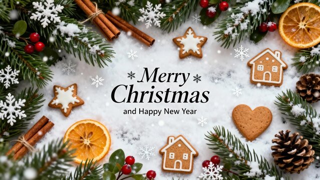 Christmas-themed flat lay with gingerbread cookies, pine branches, cinnamon sticks, dried oranges, and snowflakes on a snowy background