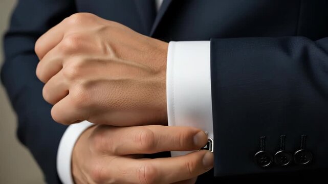 Adjusting suit cufflinks with precision: a closeup on elegant men's fashion