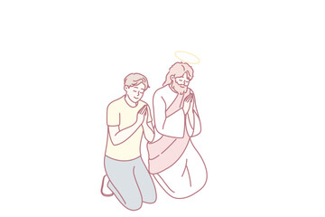 silent prayer connection, peaceful duo in spiritual devotion, tranquil partners engaged in reflective worship moment, serene couple bowing deeply during sacred prayer and contemplation