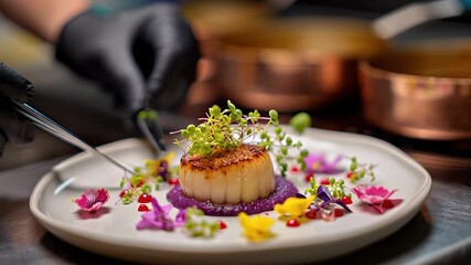 A skilled chef meticulously adds vibrant microgreens, perfecting the exquisite culinary artistry of a seared scallop dish with colorful garnishes