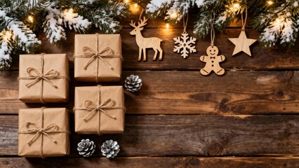Christmas gifts wrapped in brown paper with wooden ornaments and pine branches on a rustic wooden table