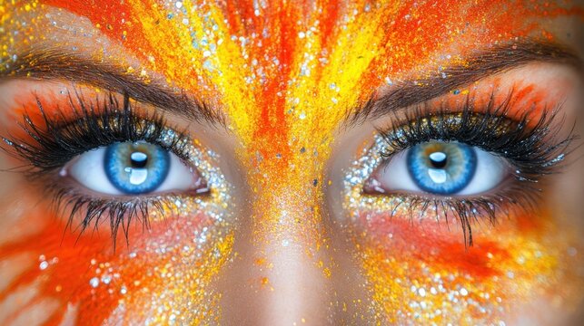 Mesmerizing close-up of vivid blue eyes enhanced with a blend of fiery orange and yellow makeup. The glitter adds a touch of glamour. - Powered by Adobe