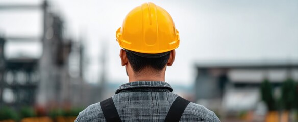 A diligent worker in a bright safety helmet stands at a bustling construction site.
