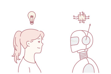 woman facing robot exchanging ideas, line-art sketch showing young woman and attentive robot sharing lightbulb symbols, playful minimal design, conceptual dialogue about innovation and ai,