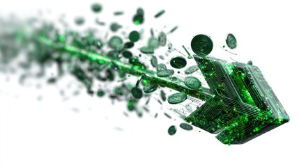 Green Arrow and Coins: Dynamic representation of financial growth, showcasing an emerald green arrow leading a stream of coins. Symbolic of prosperity, investment, and achieving financial goals.