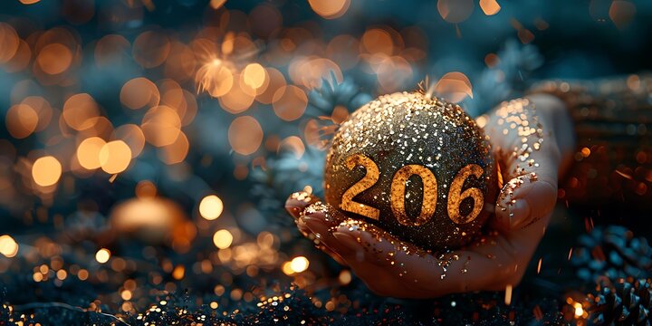 A Panoramic Golden Christmas Ornament with 206 inscribed, held gently in a hand dusted with glitter, set against a bokeh background of warm lights, perfect for holiday and New Year celebrations