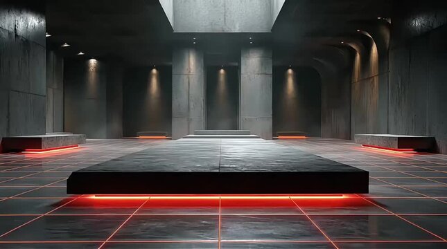 Dark minimalist futuristic stage, rectangular platform in the center, glowing red grid on the floor, soft overhead spotlights casting dramatic light, dark concrete walls, metallic reflections, 