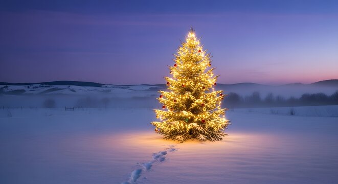 Solitary glowing Christmas tree in a vast snowy field at twilight, warm golden lights reflecting on the snow as distant hills and low mist stretch toward a fading purple‑blue sky filled with quiet win