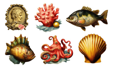 Obraz premium Ornamental Underwater Icons Featuring Carved Fish, Coral, Octopus, and Shell on Transparent Background