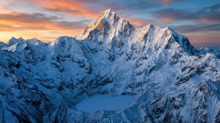 Majestic snow-capped mountain peak illuminated by the warm glow of sunrise, with a serene frozen lake nestled in its vastness