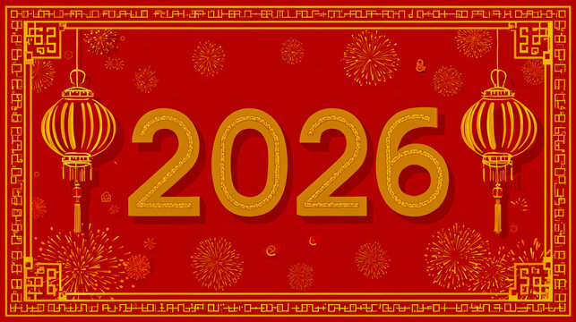 A vibrant red graphic with the number 2026 in large gold font surrounded by decorative elements such as fireworks and lanterns