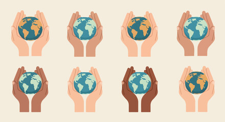 Hands holding Earth globe showing diverse skin tones