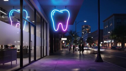 Neon tooth sign illuminated clinic exterior at night with city ambiance and passersby in dental practice setting offering orthodontic services and