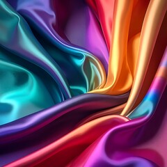 Obraz premium Close-up of flowing, rippling fabric in vibrant hues, showcasing iridescent sheen. The colors transition smoothly, creating a dynamic texture