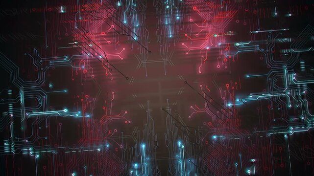 bright pulsating circuits animate mirrored technological landscape visuals