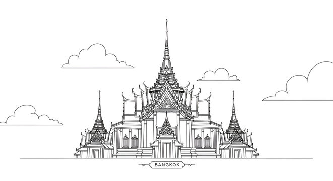 Bangkok Temple Line Art: Minimalist Architectural Landmark