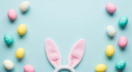 Easter party concept. Top view photo of easter bunny ears white pink blue and yellow eggs on isolated pastel blue background with copyspace in the middle