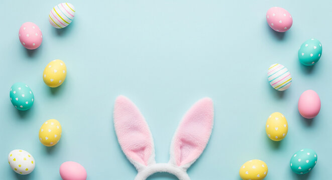 Easter party concept. Top view photo of easter bunny ears white pink blue and yellow eggs on isolated pastel blue background with copyspace in the middle - Powered by Adobe
