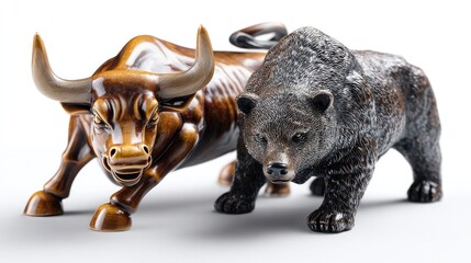 Bull and Bear: A symbolic representation of market forces, with a powerful bull and a formidable bear poised in a standoff, encapsulating the dynamics of financial trends and investment
