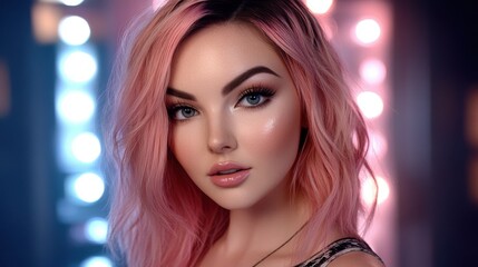 Portrait of a stylish woman with soft pink hair and a dewy, luminous complexion against a blurred background of colorful lights.