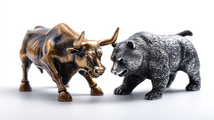 Bull and Bear Battle: A symbolic representation of market forces, where a bronze bull confronts a silver bear, embodying the financial concept of bullish and bearish market trends. 