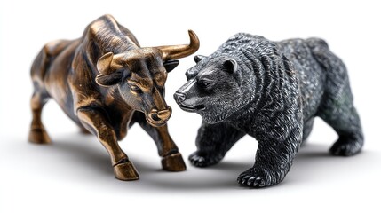 Stock Market Symbolism: A bronze bull and a gray bear, iconic symbols of the stock market, stand face-to-face, embodying the concepts of bullish and bearish market trends.