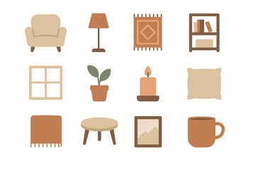 Fototapeta premium Cozy candle rug blanket interior icon bookshelf mug table frame vector coffee