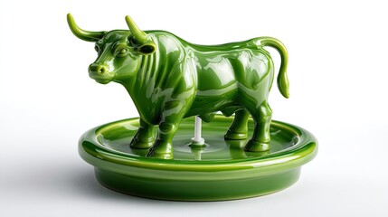 The Ceramic Bull: A finely crafted ceramic bull sculpture, showcasing intricate detail and a vibrant green glaze, sits poised and powerful, a symbol of strength and prosperity. 