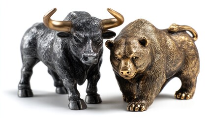 Market Dynamics: The symbolic imagery of a bull and a bear, representing the cyclical nature of market trends and financial performance.
