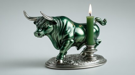 Bull Candleholder with Lit Candle: A gleaming, metallic bull statue, subtly reflecting light, serves as a candleholder with a single, lit candle.