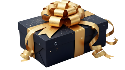Elegant gift box with golden ribbon isolated on transparent background