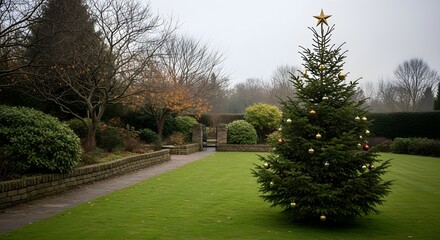 Peaceful garden Christmas scene with a single decorated tree standing on bright green winter grass, golden star shining above soft ornaments while bare trees and clipped hedges fade gently into the co