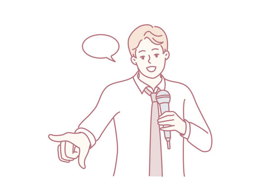 confident presenter pointing while holding microphone on stage public speaking scene with expressive gesture, suit and tie, broadcast vibe, audience engagement in crisp line art
