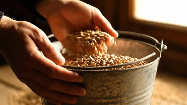 Hands Filling a Bucket with Grain Seeds Slow Motion Agriculture Harvest Farming Concept Food Preparation Ingredient Gathering Rustic Style Organic